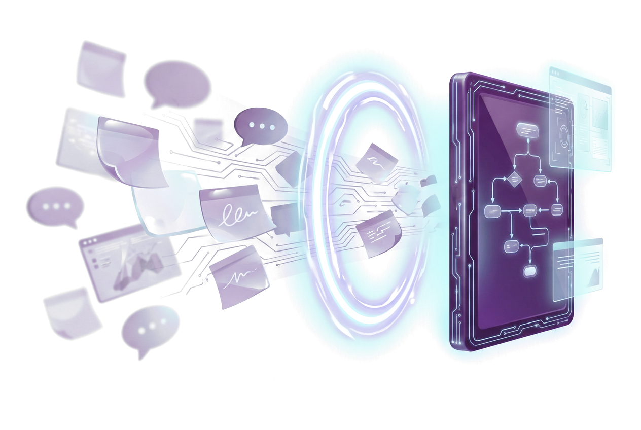 ERP discovery phase compressed: scattered workshop notes resolving into one finished delivery artifact