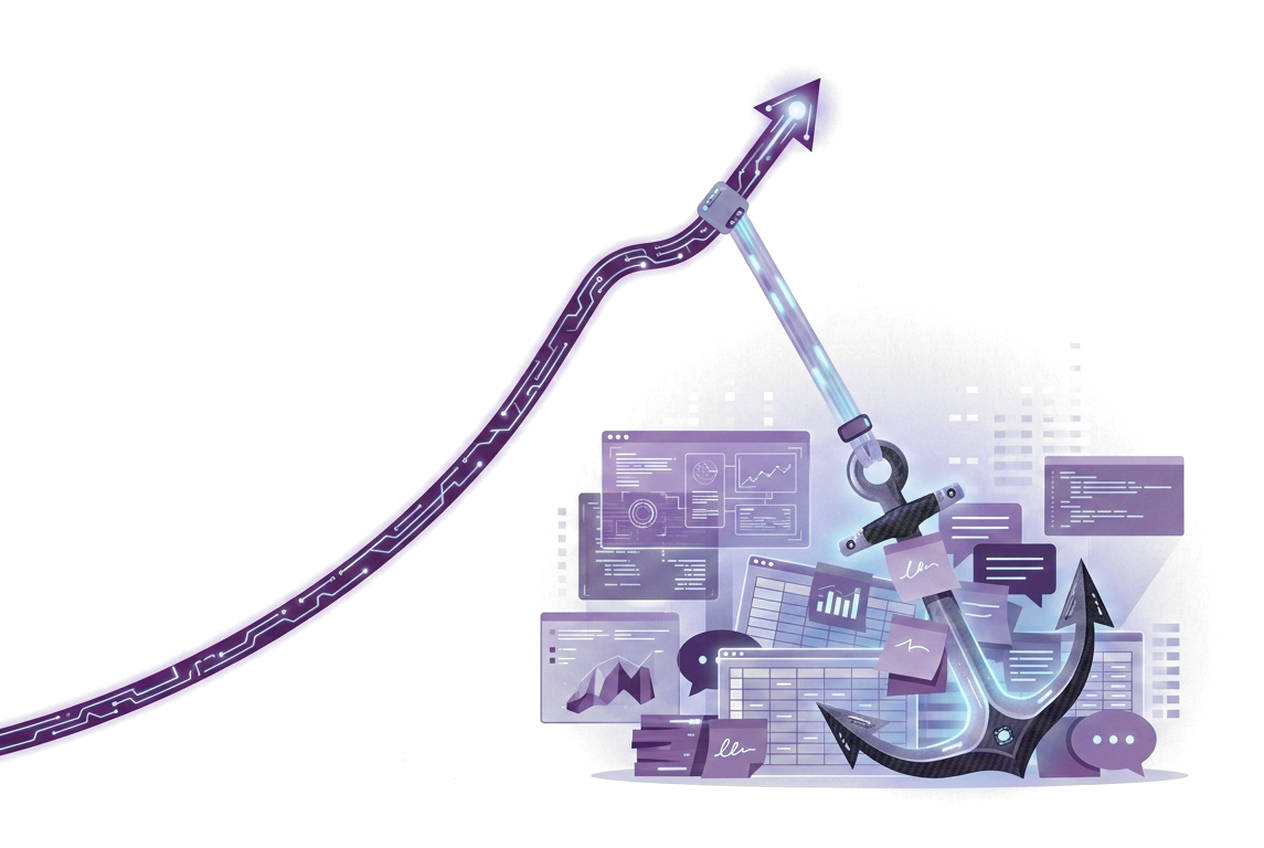 Operational debt: a rising growth curve held back by an anchor made of spreadsheets, sticky notes, and chat threads