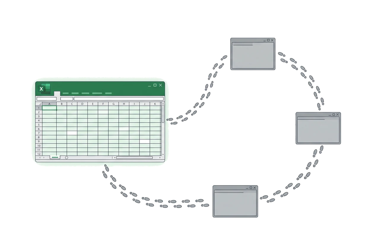 Kinaxis, o9, SAP IBP, and Anaplan compared: a trail of footprints leaves an Excel window, passes three planning tools, and loops back into Excel