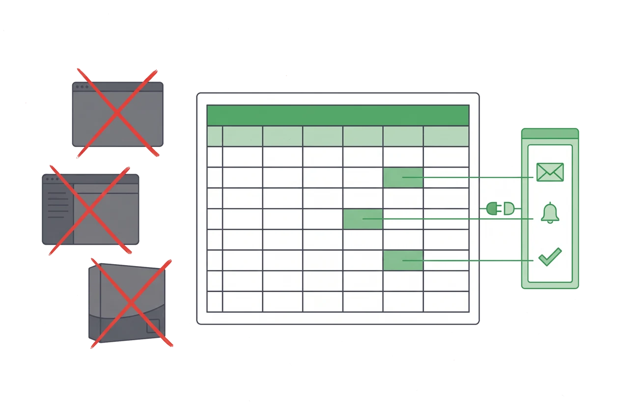 Excel plugin for supply chain operations: a spreadsheet grid with a plugged-in side panel for email, alerts, and approvals, while new software windows are crossed out