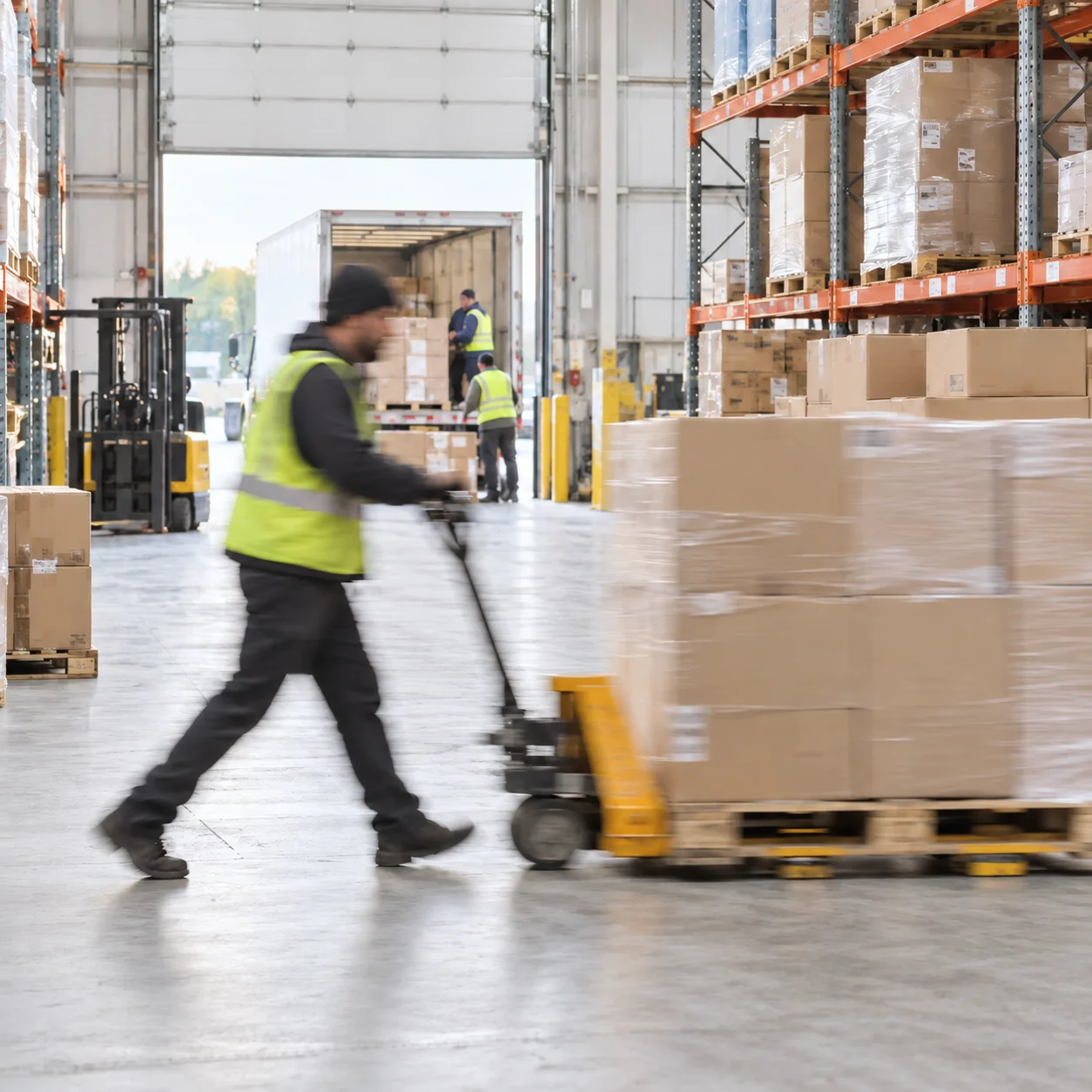 A worker captured in motion blur moving cartons through a daylight-filled distribution center.