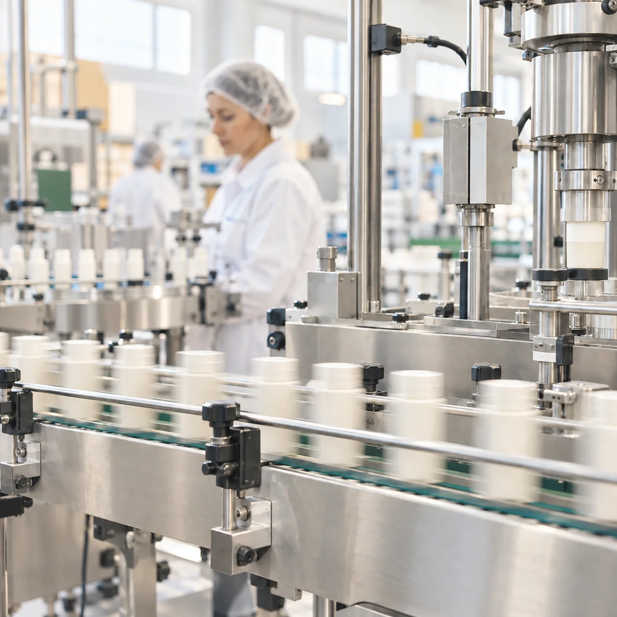 Skincare bottles moving along a bright packaging line, with a worker softly out of focus behind them.