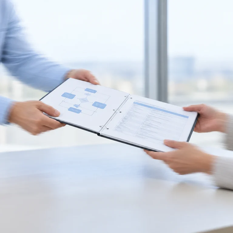 Consultant handing a process specification and workflow map to a client