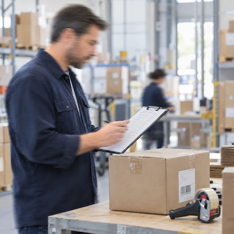 Operations supervisor checking a process checklist beside a packing workstation