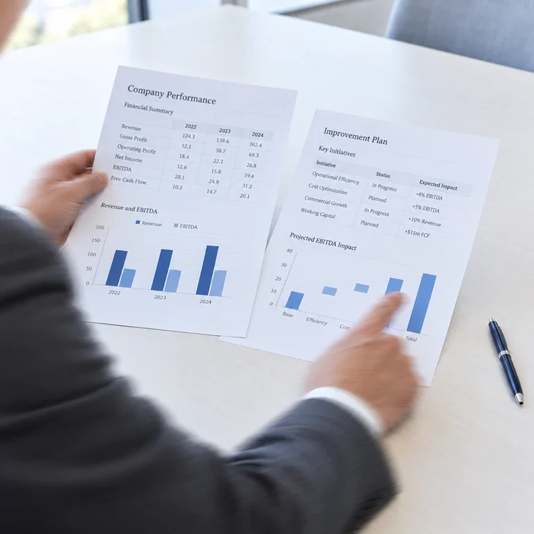 Operating partner reviewing company performance and an improvement plan